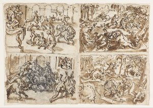 Title- Page from a Sketchbook Showing Four Scenes Including Thessalians Fighting Bulls (Recto) by Jan van der Straet